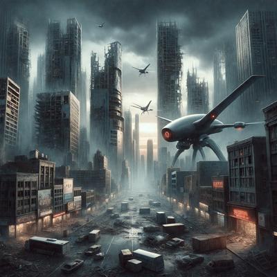 The primary subject of the image is a futuristic cityscape with a large airplane flying over a city. The setting is a city with tall buildings, and the visual style is a digital art or illustration. The colors and mood of the image are dark and moody, with a sense of danger and chaos.